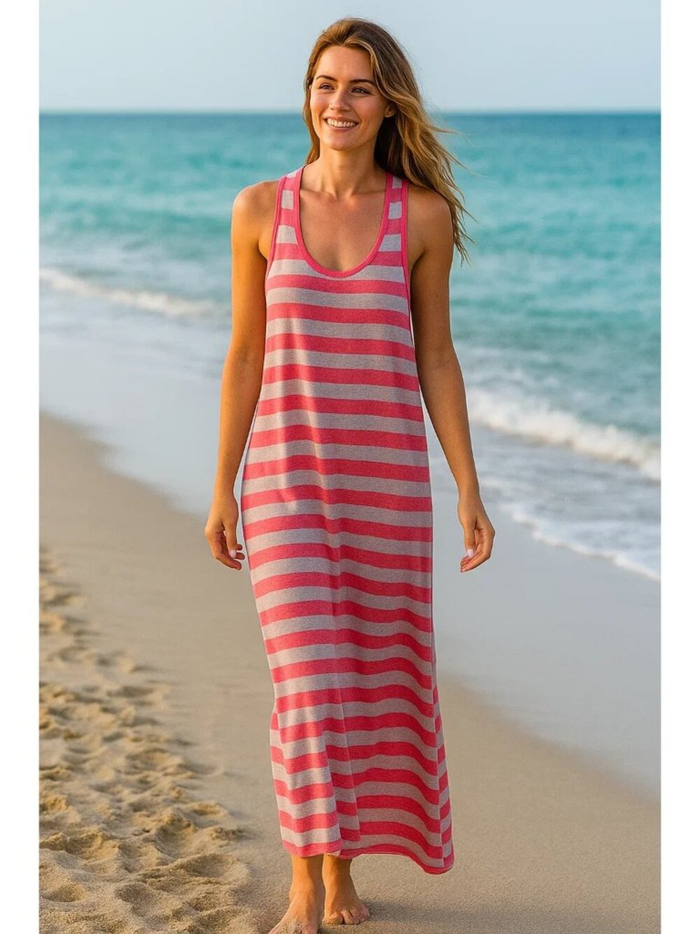 Ambiance Apparel Pink & Gray Striped Maxi Dress Sleeveless Racerback Large